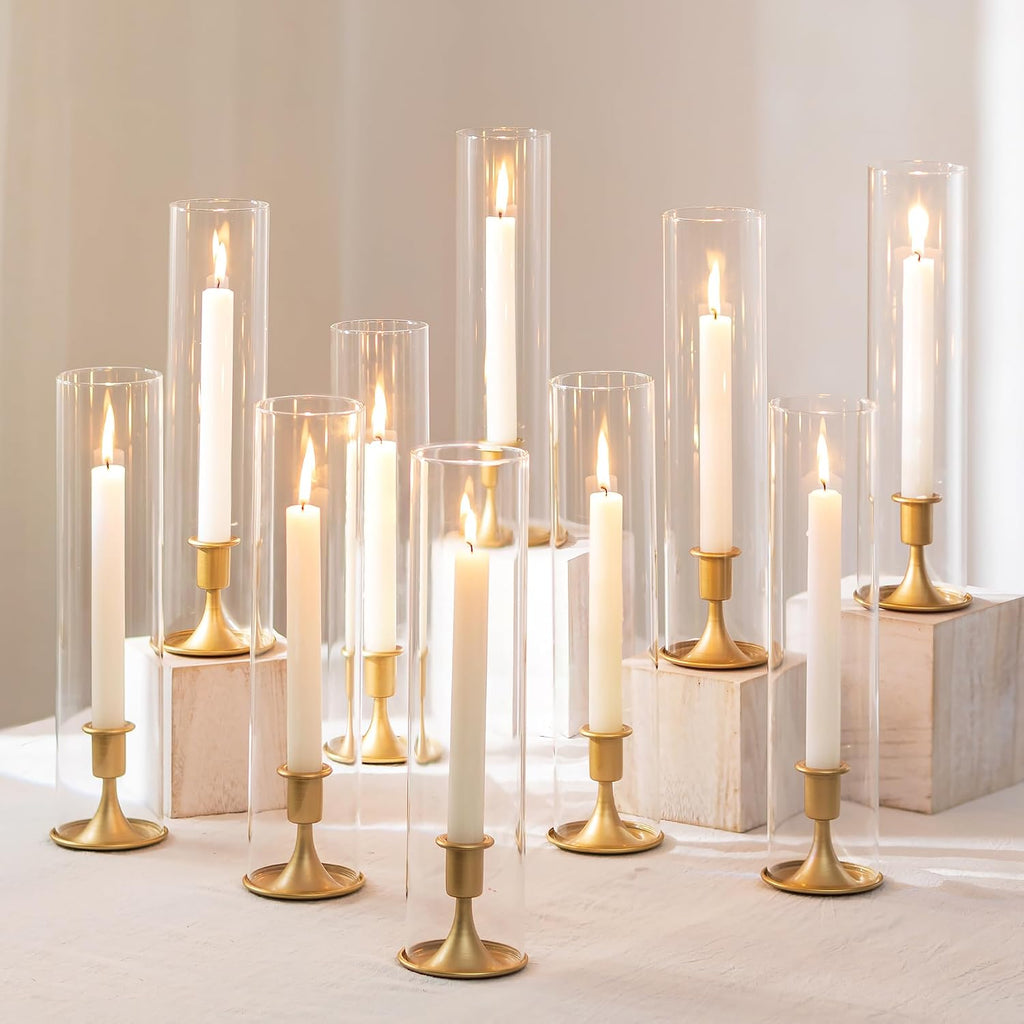 Hurricane Candlestick Holders Gold - 10 Pcs Taper Candle Holders Bulk Tall Clear Glass Cylinder for Wedding Table