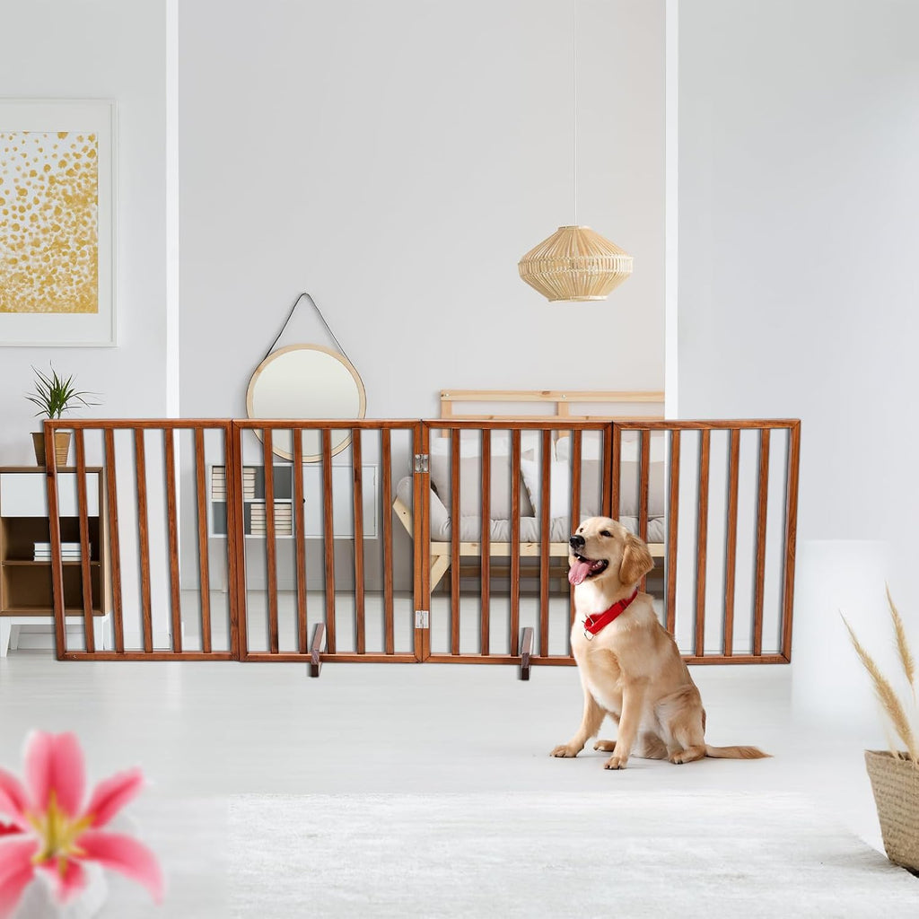 Dog Gates for Doorways, 4 Panels Pet Gate, Freestanding Dog Gate, Pet Barrier, Hinged Joints, 2 Support Feet