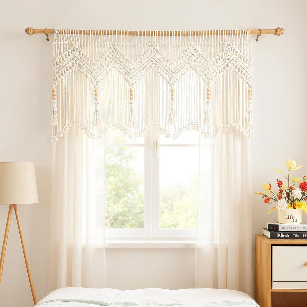 Boho Macrame Window Valance, Handmade Cotton, 52 x 21, 1 Panel