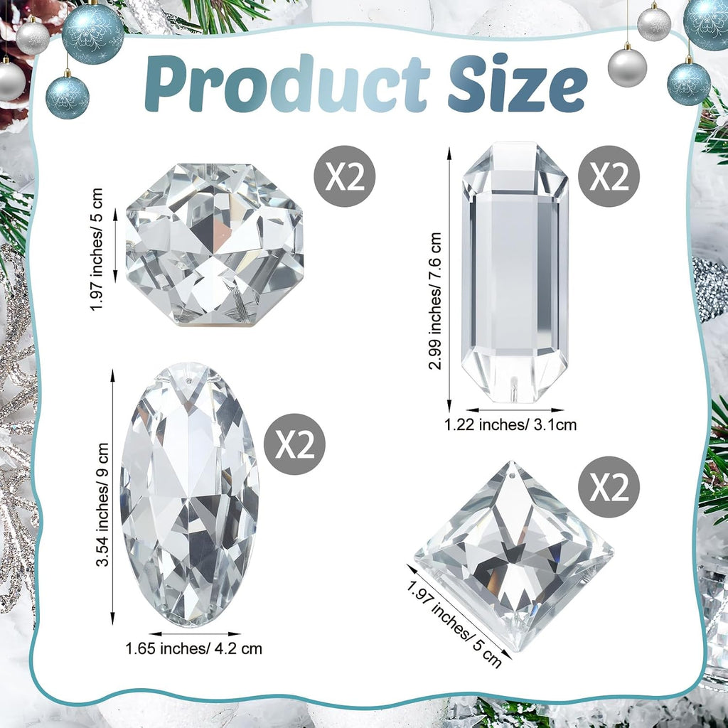 Silver 8 Pcs Crystal Jewel Ornaments for Christmas Tree, 1.2"-3.5"