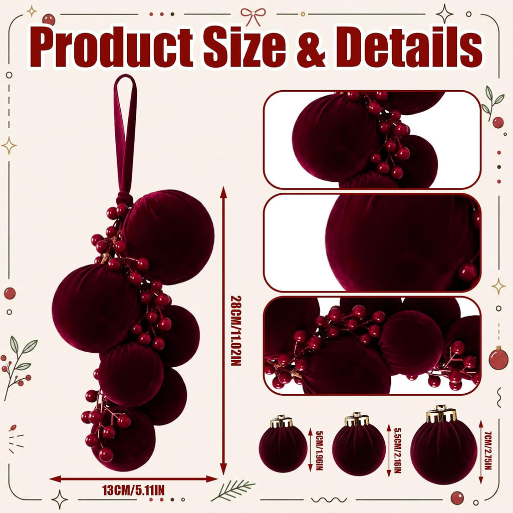 4 Set Burgundy Velvet Christmas Ball Ornaments with Berries