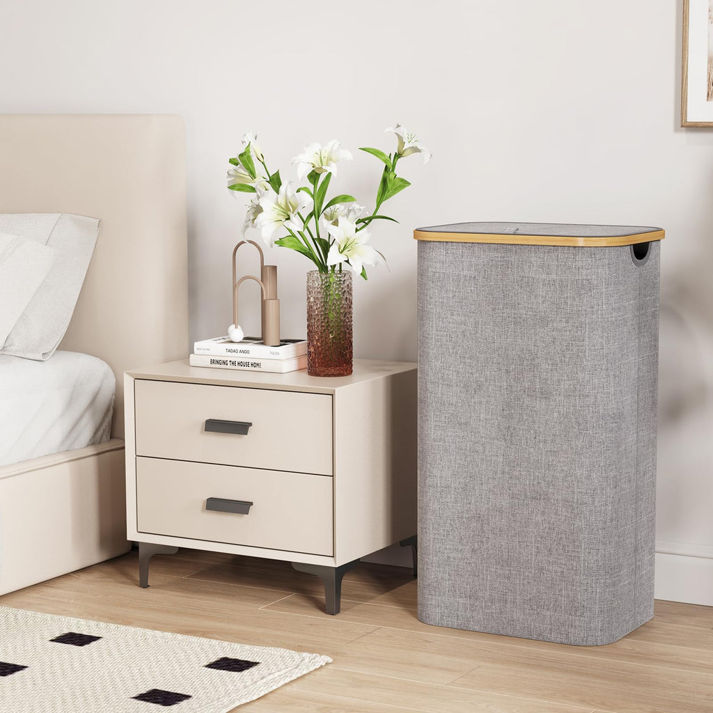 105L Large Laundry Basket with Lid, Removable Bags, Light Gray
