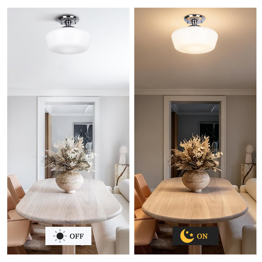 Schoolhouse Style Semi Flush Mount Ceiling Light Fixture, 12" Modern Chrome Hallway Ceiling Lamp with Opal Milk Glass