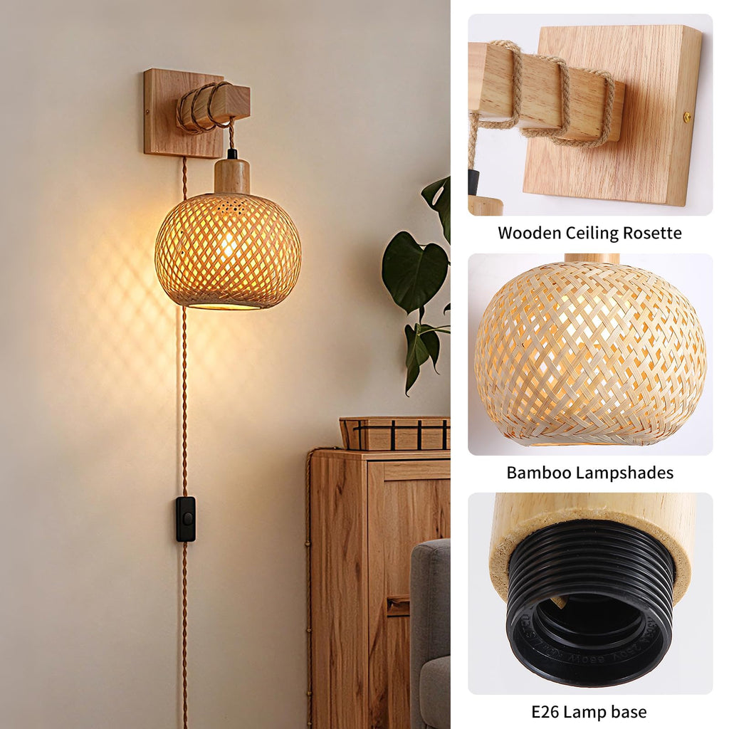 Woven Rattan Plug in Wall Sconce, 15 RGB Dimmable Boho Light, Wood