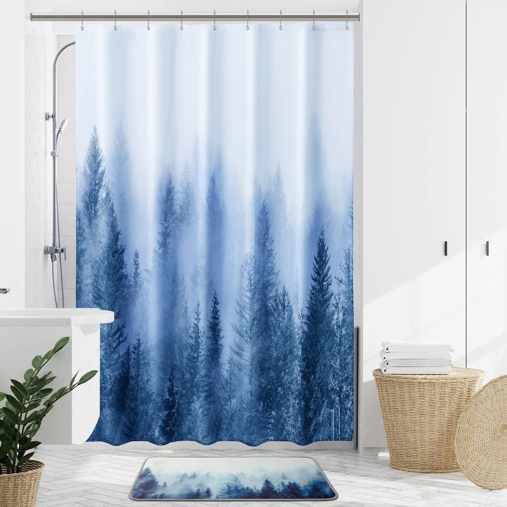 54x78 Misty Forest Stall Shower Curtain for Small Bathroom, Blue Narrow Nature Woodland Shower Curtain Set with