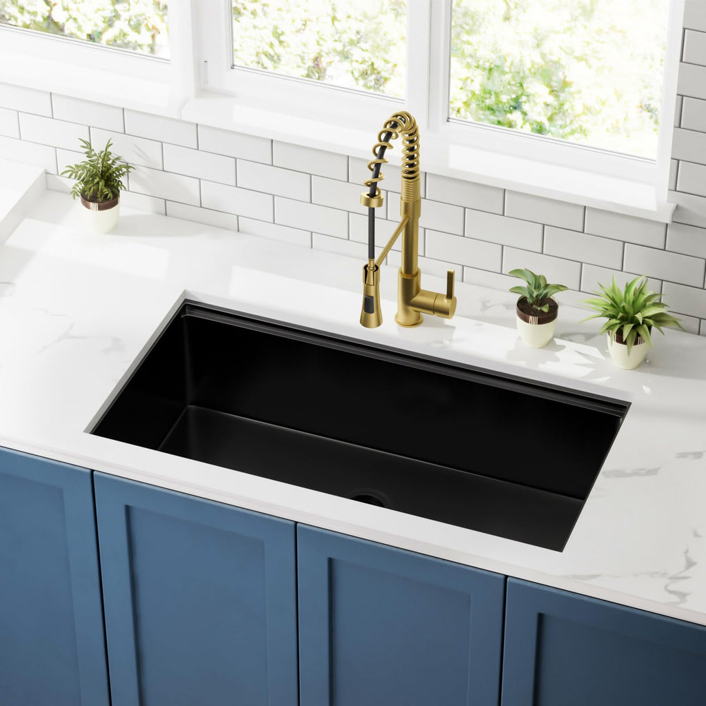 36 inch Black Stainless Steel Undermount Kitchen Sink, 36x19 Handmade 16 Gauge Single Bowl Workstation Sink, 10 Inch