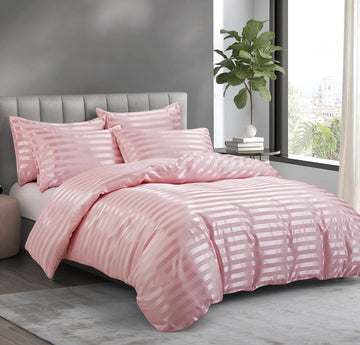 5 Pieces Blush Pink Satin Striped Duvet Cover Set