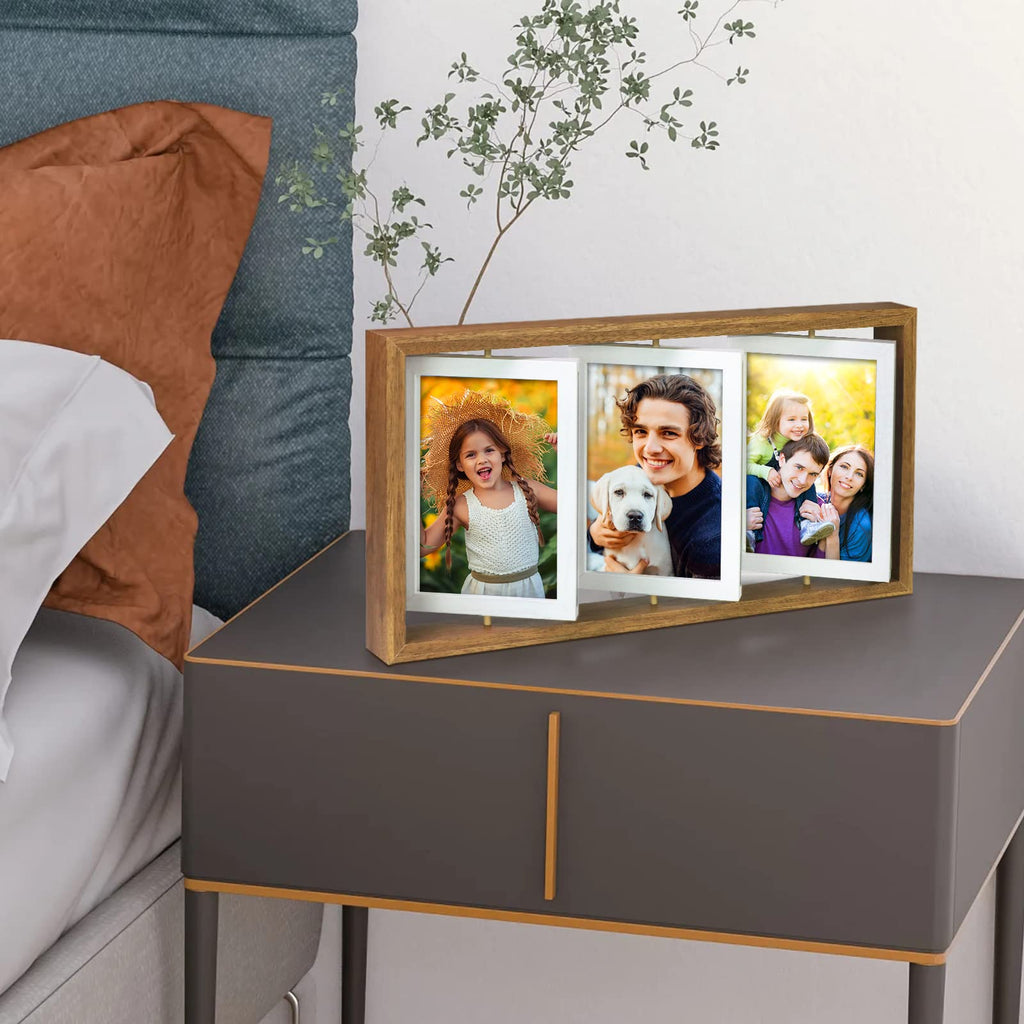 4x6 Rotating Picture Frame Desktop Rustic 4x6in Wooden Photo Frames, Double Side-Display 6 Photos, Floating 4x6