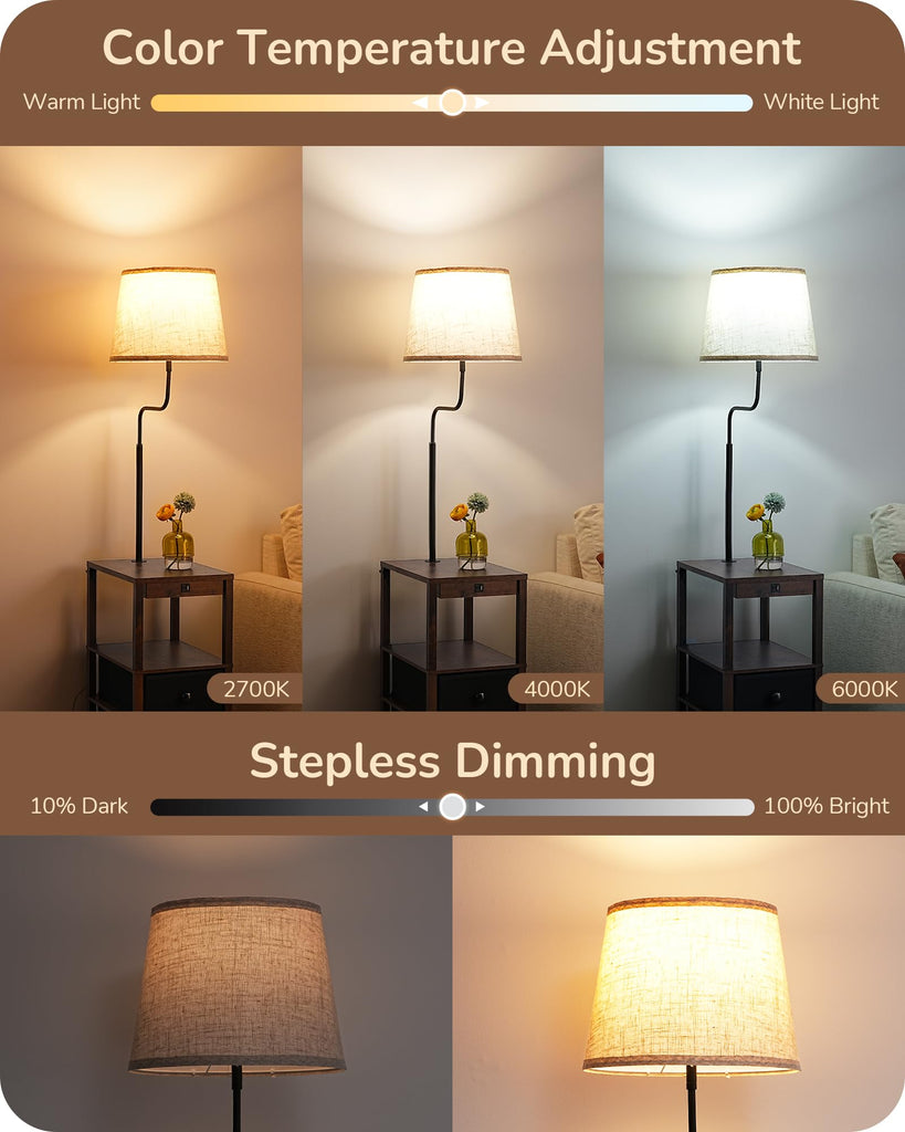 Floor Lamp with Table Dimmable USB Type-C Ports, Fire-Burned Wood