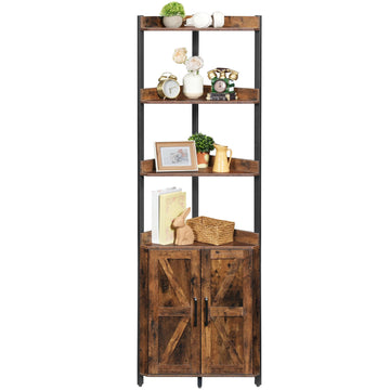 Corner Shelf with Storage, Tall Corner Cabinet, 5-Tier Bookshelf Stand, Storage Cabinet with Protective Fence, Rustic