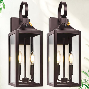 19" Dusk to Dawn Bronze Outdoor Light Fixture, Outside Wall Lantern 2-Light