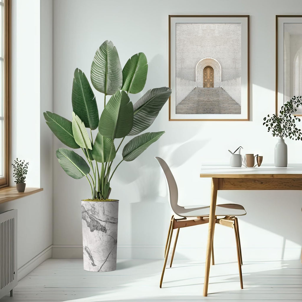 Artificial Tree in Gray Marble Effect Planter, Fake Bird of Paradise Silk Trees for Indoor and Outdoor Home