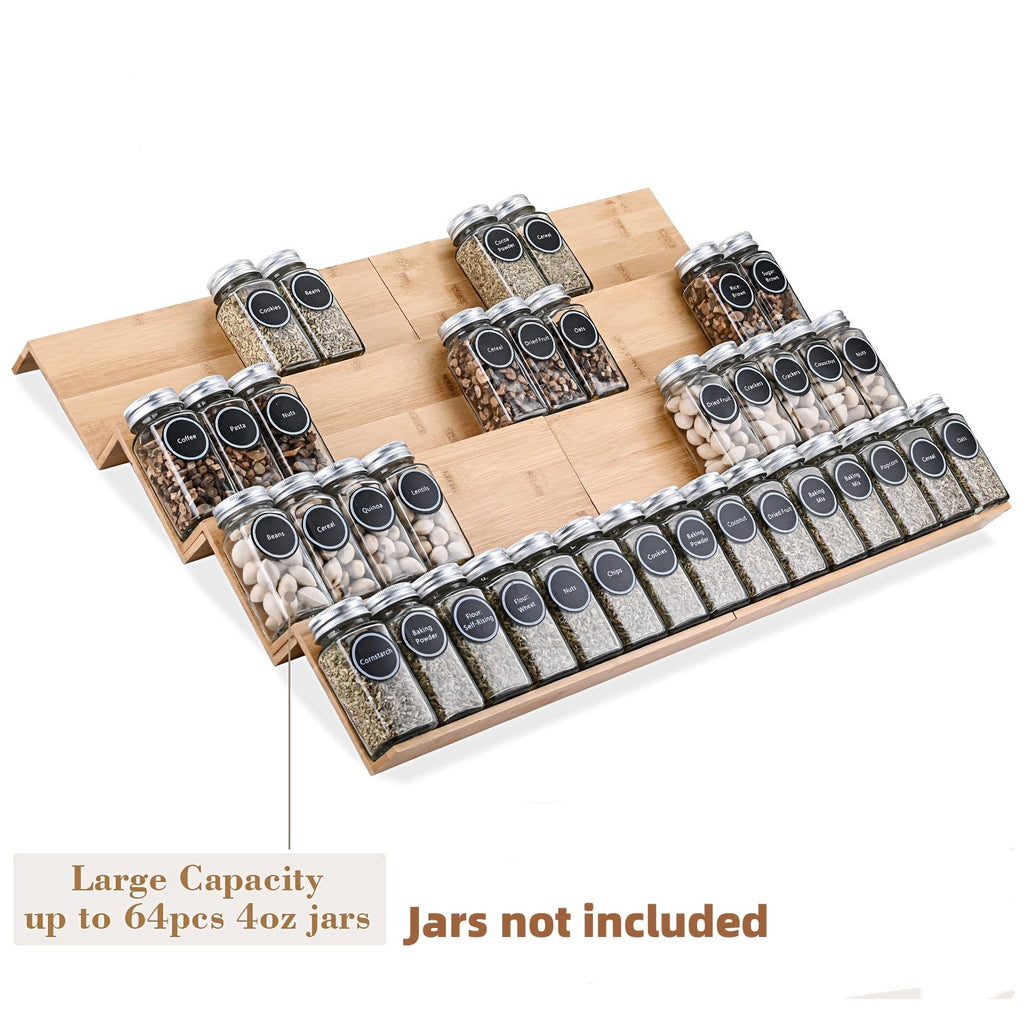 Bamboo Spice Rack Tray - Spice Drawer Organizer Cabinets Storage and Organization (Jars Not Included, 8 Individual