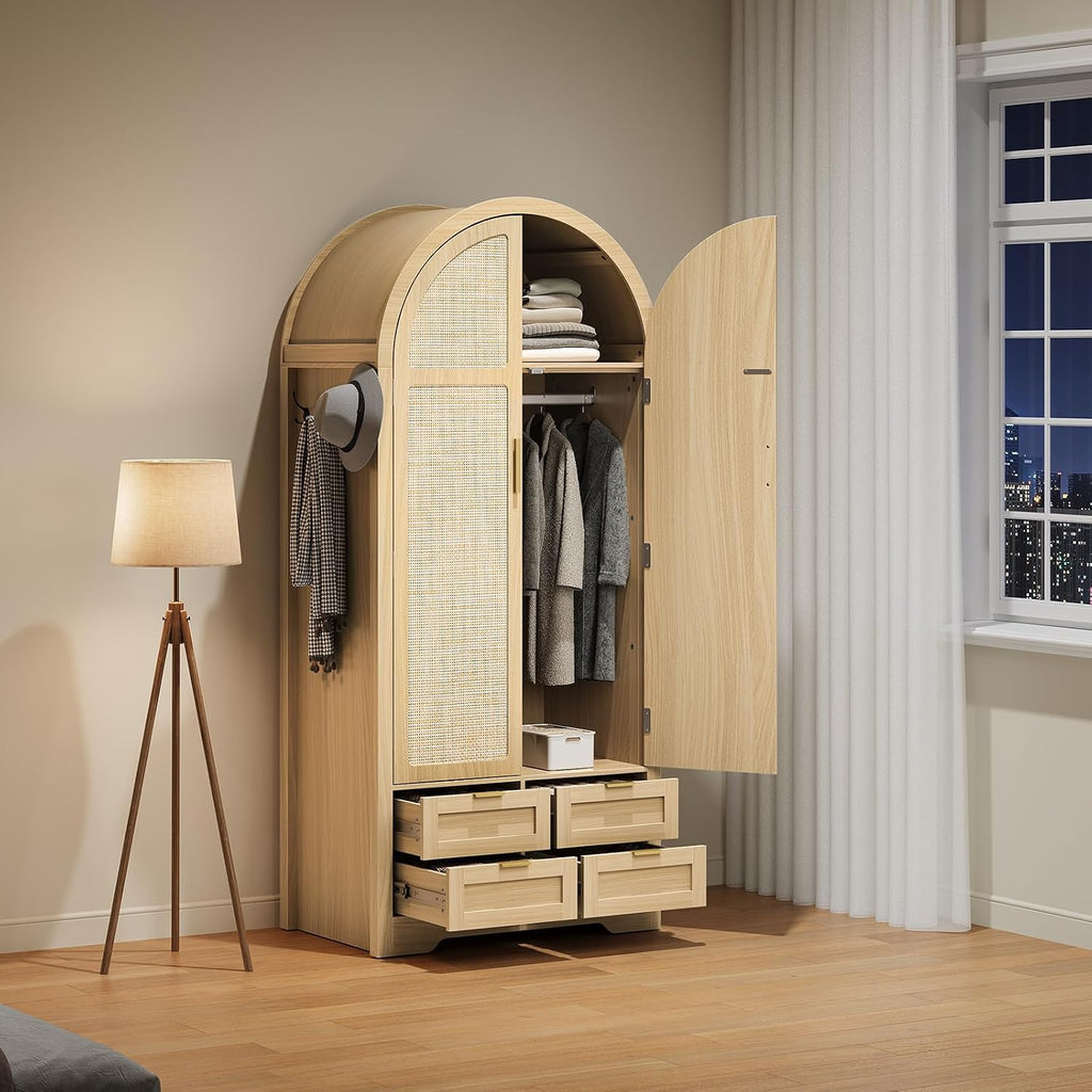 Armoire Wardrobe Closet with 4 Drawers - Wood Bedroom Armoires and Wardrobes with Rattan Doors for Hanging Clothes