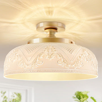 Semi Flush Mount Ceiling Light, Vintage Kitchen Fixture, Gold, 12"