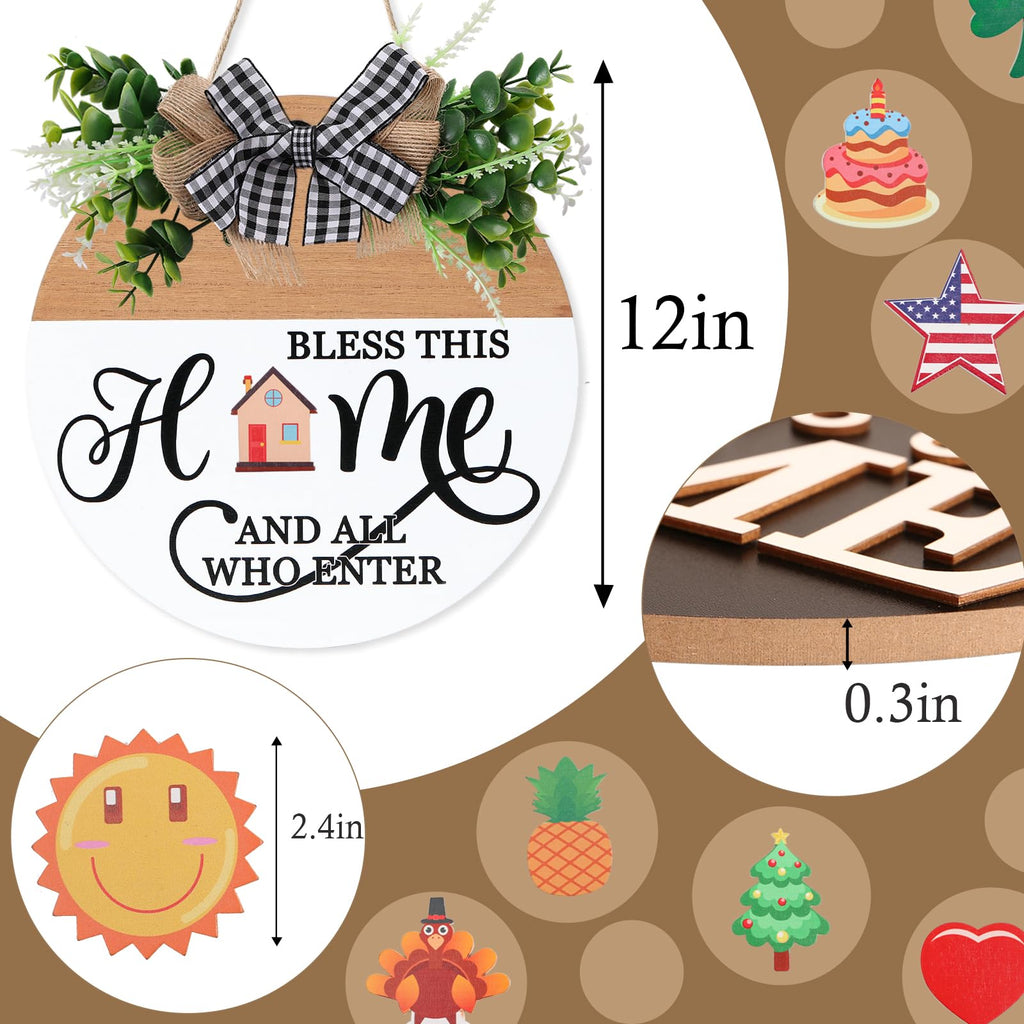 Interchangeable Welcome Sign for Front Door with 4 Seasonal Wreath and 14 Changeable Icons, Bless This Home for