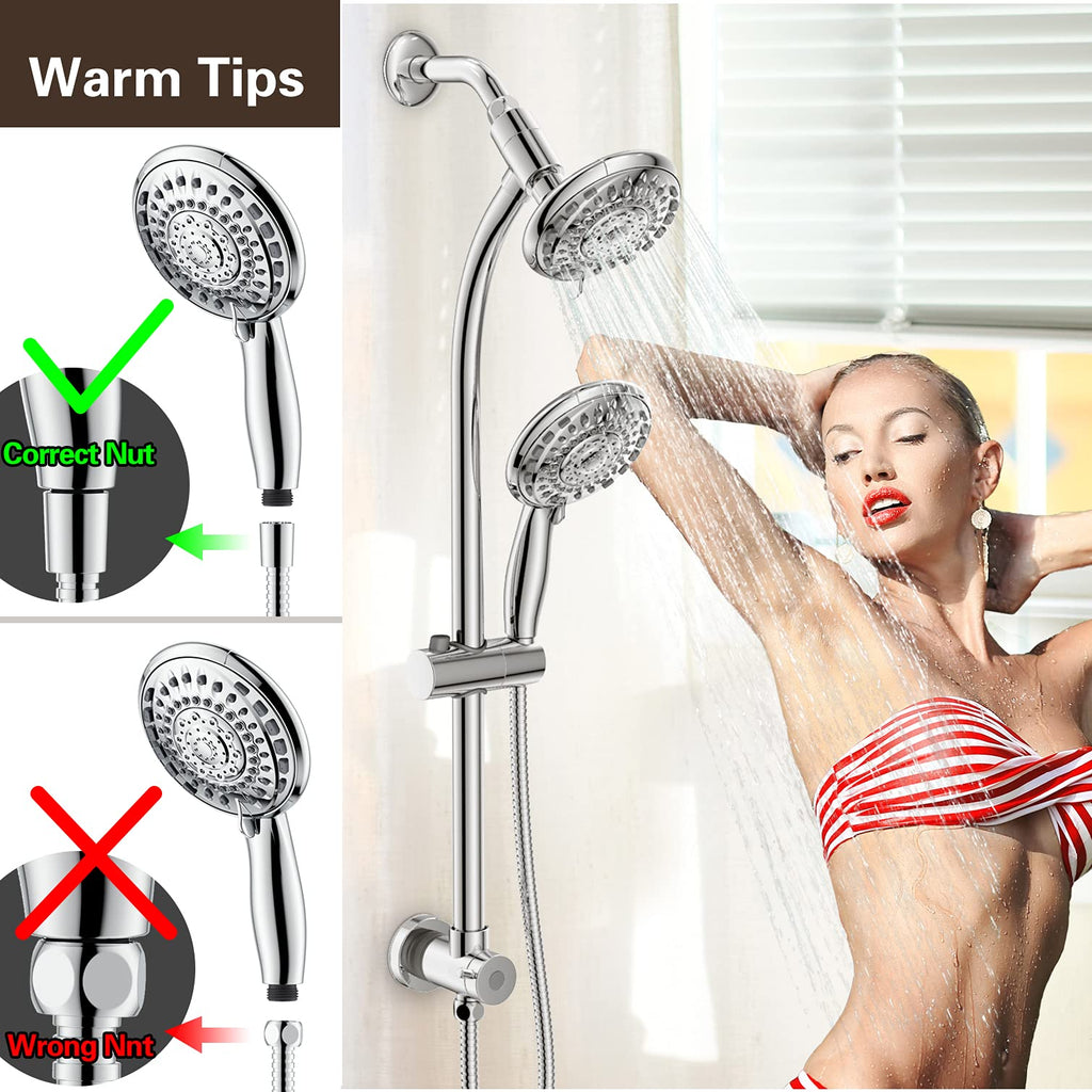 Handheld Showerhead & Rain Shower Combo for Easy Reach, 27.5" Drill-free Stainless Steel Slide Bar, 5"of 5-setting