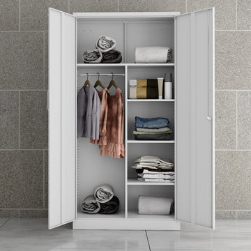 Steel Wardrobe Cabinet with 2 Doors, White Metal Locker Cabinet for Storage with Hanging Rod and 4 Shelves, Lockable