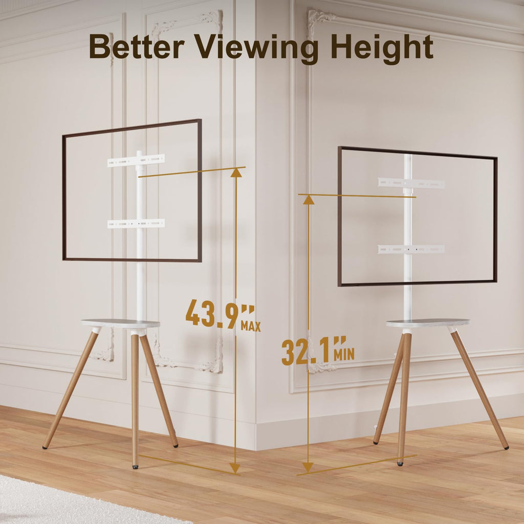 Solid Wood Easel TV Stand for 43-65" TVs with Shelf, White Beech