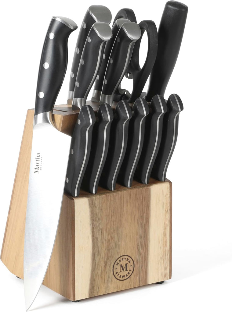 Greeley Forged High Carbon Stainless Steel 14 Piece Knife Block Set, Black Kitchen Knife Set with Acacia Wood Block