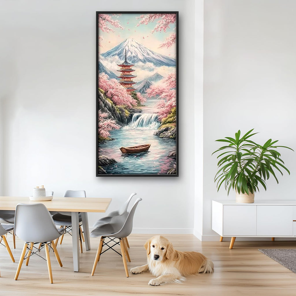 Japan Japanese Wall Art Cherry Blossoms Mount Fuji Wall Decor Waterfall boat Canvas Painting Pictures Prints Framed