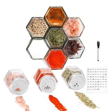 Set of 10 Magnetic Spice Jars for Refrigerator, Glass Small Hexagon Magnet Seasoning Containers with Labels, Shaker