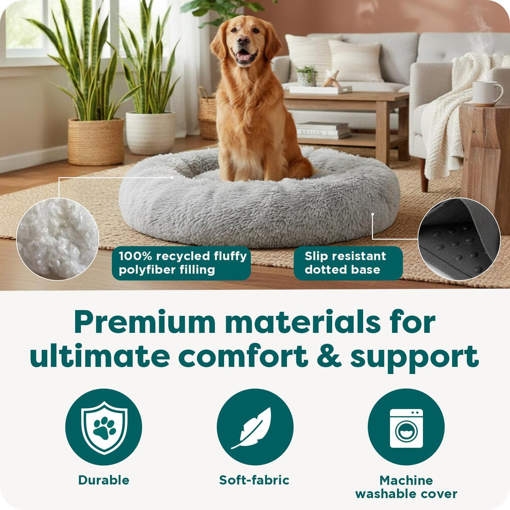 Round Calming Donut Dog Bed for Dogs, Refillable w/ Removable Washable Cover, For Dogs Up to 75 lbs