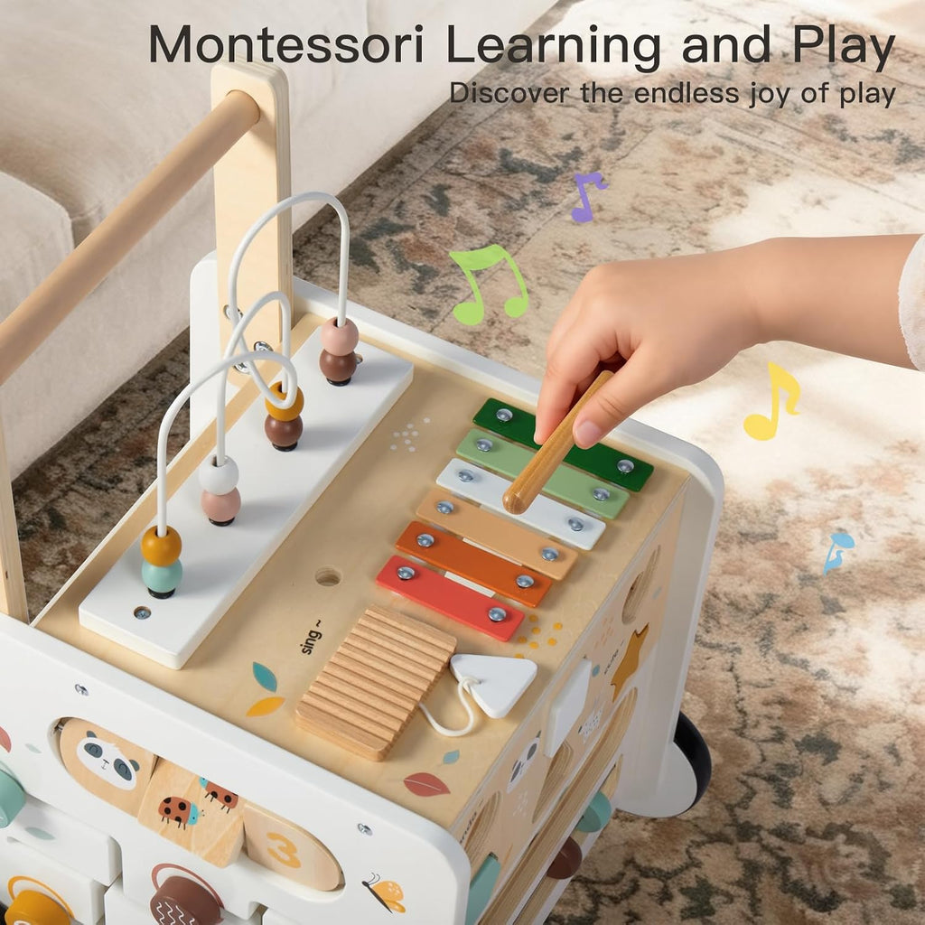 Wooden Baby Walker, Activity Cube Push Walker for Boys and Girls, Toddler Montessori Learning to Walk Toy