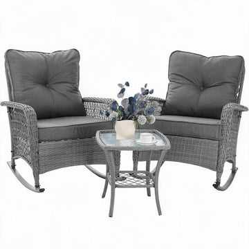Patio Furniture Set 3 Pieces, Wicker Outdoor Rocking Bistro Set, Grey