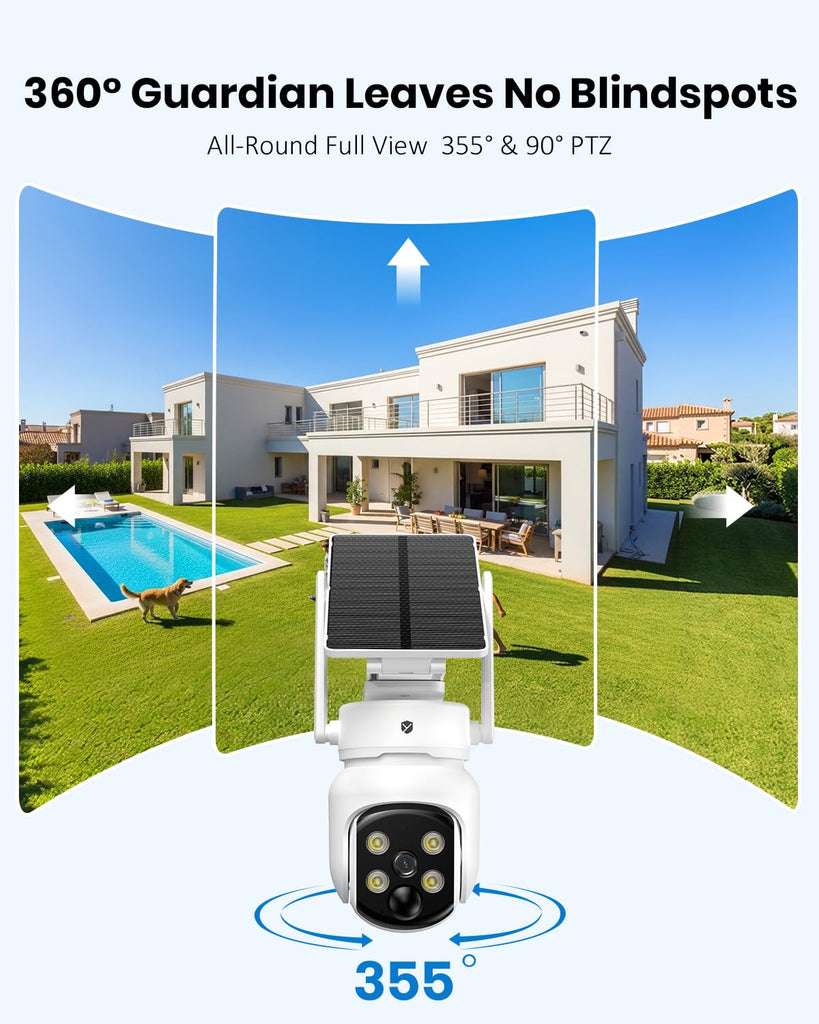 Solar Camera Wireless Outdoor, Security Camera with 2-in-1 Solar Panel, 4MP PTZ WiFi Camera, 360° Coverage, Dual-Band