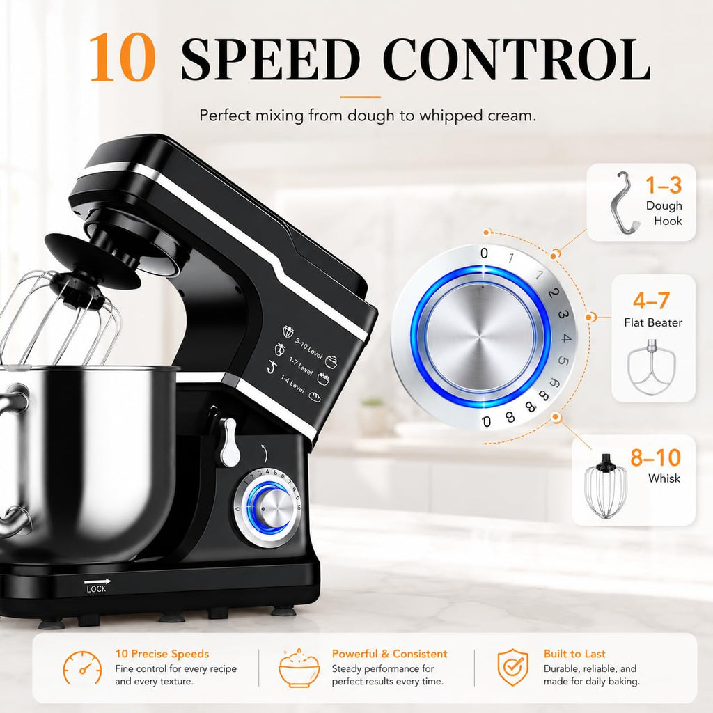 7.5 QT Stand Mixer, 10-Speed Tilt-Head Electric Mixer with Stainless Steel Bowl, Dough Hook, Whisk, Beater, Splash