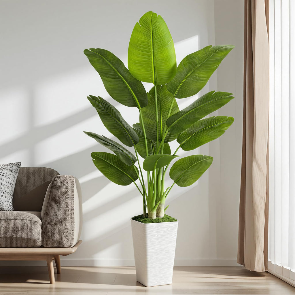 Lifelike Bird of Paradise Artificial Plant 6ft Faux Banana Leaf TRE with White Tall Wavy-Textured Planter Decor