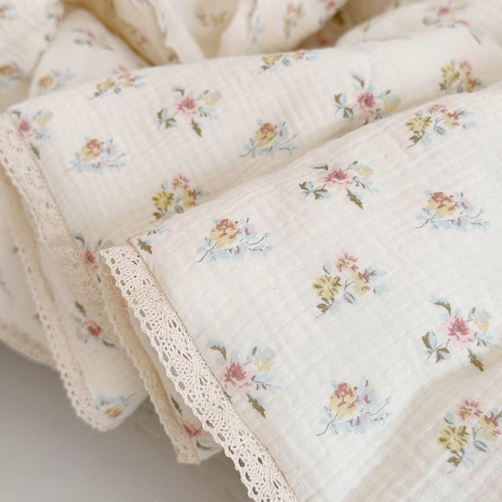 Kids Blanket Cotton Toddler Quilt Muslin Blankets, Reversible Floral Baby Blanket for Girls Boys Crib Comforter Baby