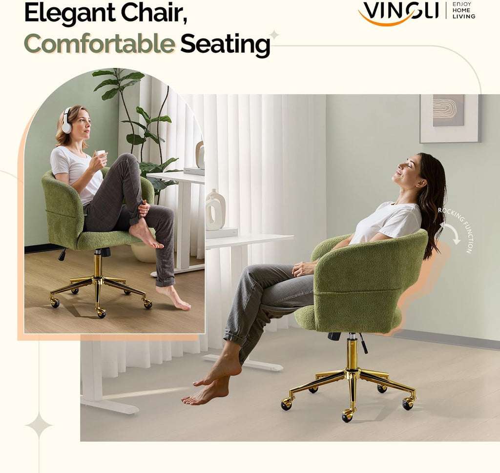 Modern Curved Office & Vanity Desk Chair, Cute Upholstered Nail Chair with Wheels & 360° Swivel & Club & Tilting &