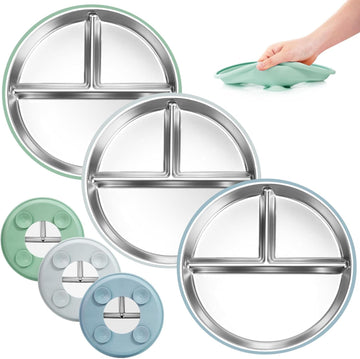 Stainless Steel Toddler Plates Silicone Suction, Non-Slip Baby Plates, Divided Portion, Food-Grade Silicone Plate