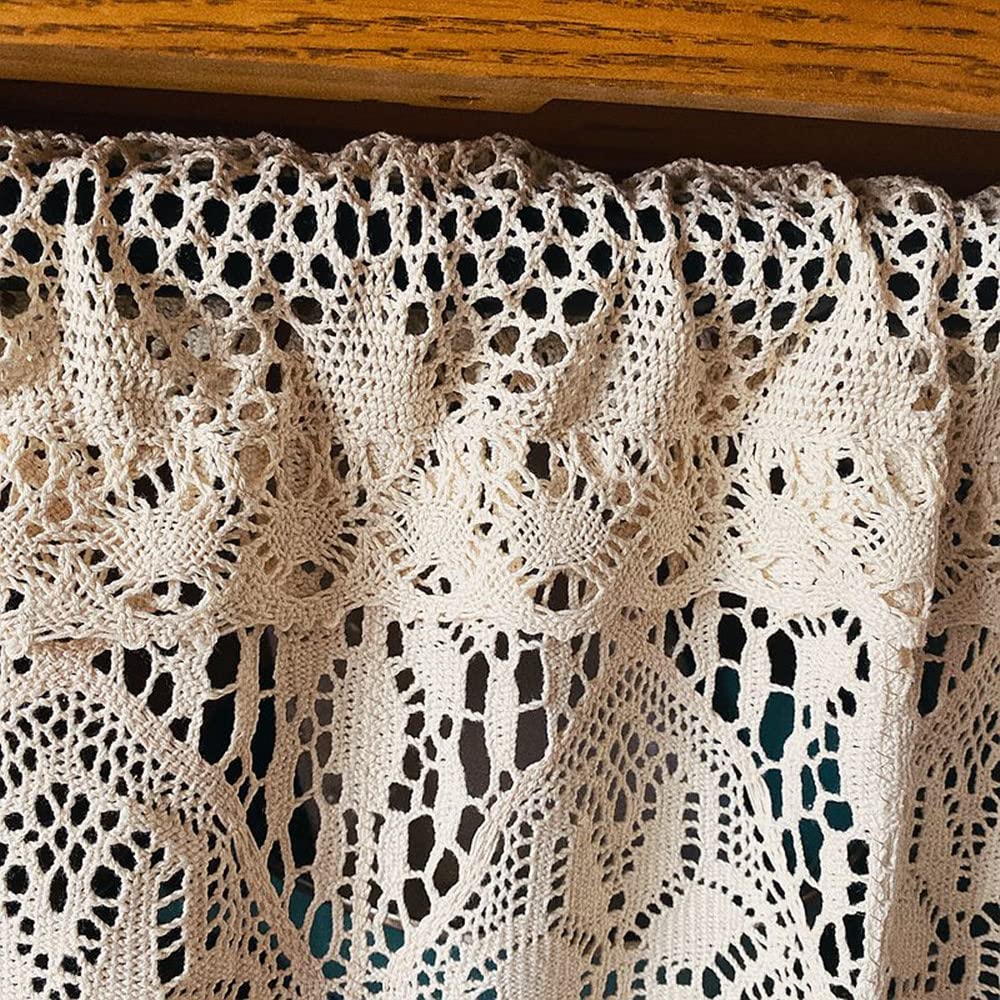 Boho Valance Farmhouse Crochet Curtain Tier Beige Cotton Lace 47x15 Inch