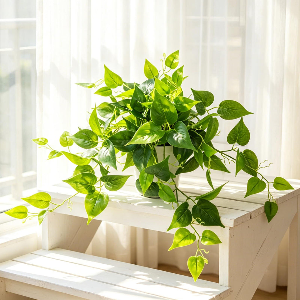 Artificial Plants Fake Pothos in White Pot, Realistic Fake Scindapsus Aureus, Faux Potted Greenery Desk Shelf