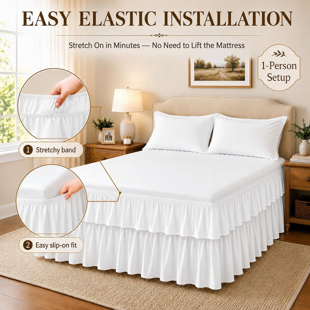 White Full Bed Skirt 14 Inch Drop, Double Layer Dust Ruffle