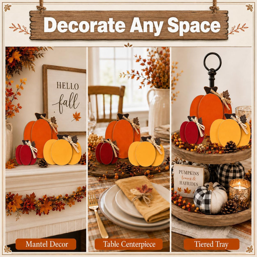 Wooden Pumpkin Fall Decor, 3-Piece Indoor Fall Decorations, Rustic Harvest Autumn Thanksgiving Pumpkin Signs - Set of 3
