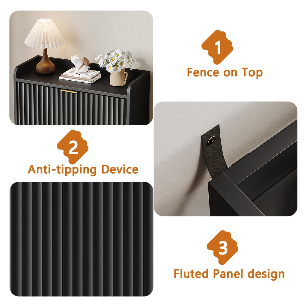 Black Fluted Slim Shoe Cabinet Storage with 3 Flip Drawers