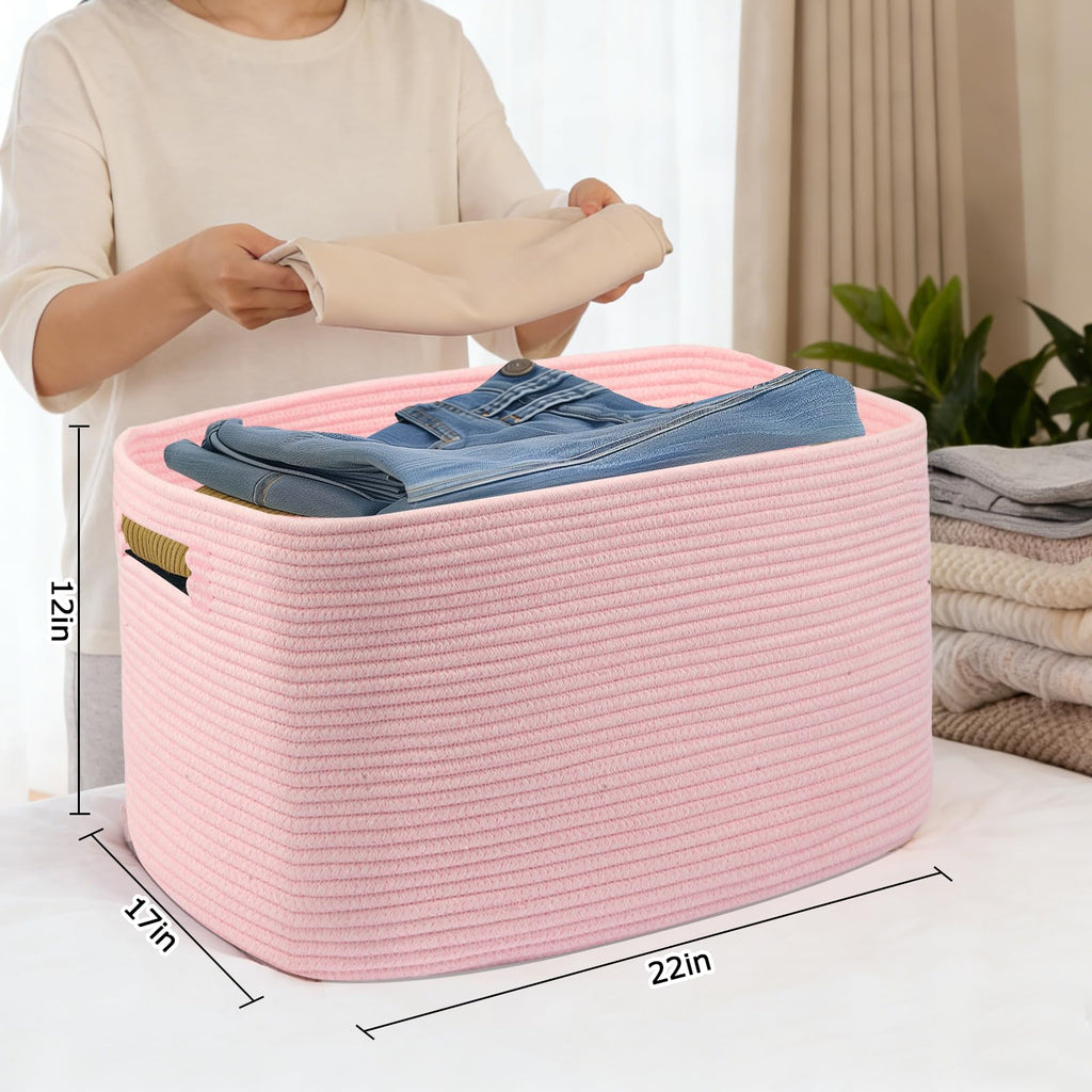 75L Large Woven Storage Basket, Pink Cotton Rope Laundry Hamper with Handles, 22"x17"x12" Rectangle Blanket Basket