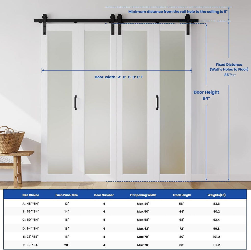 80" x 84" Bifold Sliding Barn Door, 1 Lites Tempered Frosted Glass Panel with Sliding Hardware Kit S