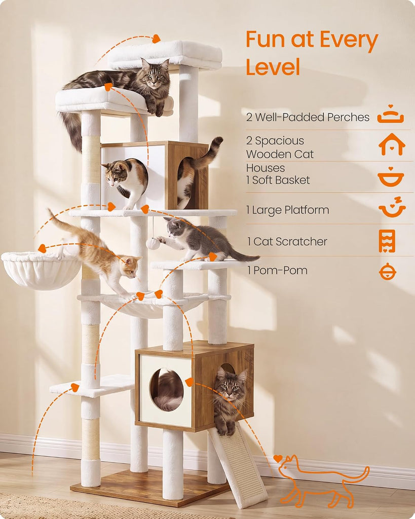 Tall Cat Tree, 8-Tier Wood Tower with 2 Condos, Scratching Post