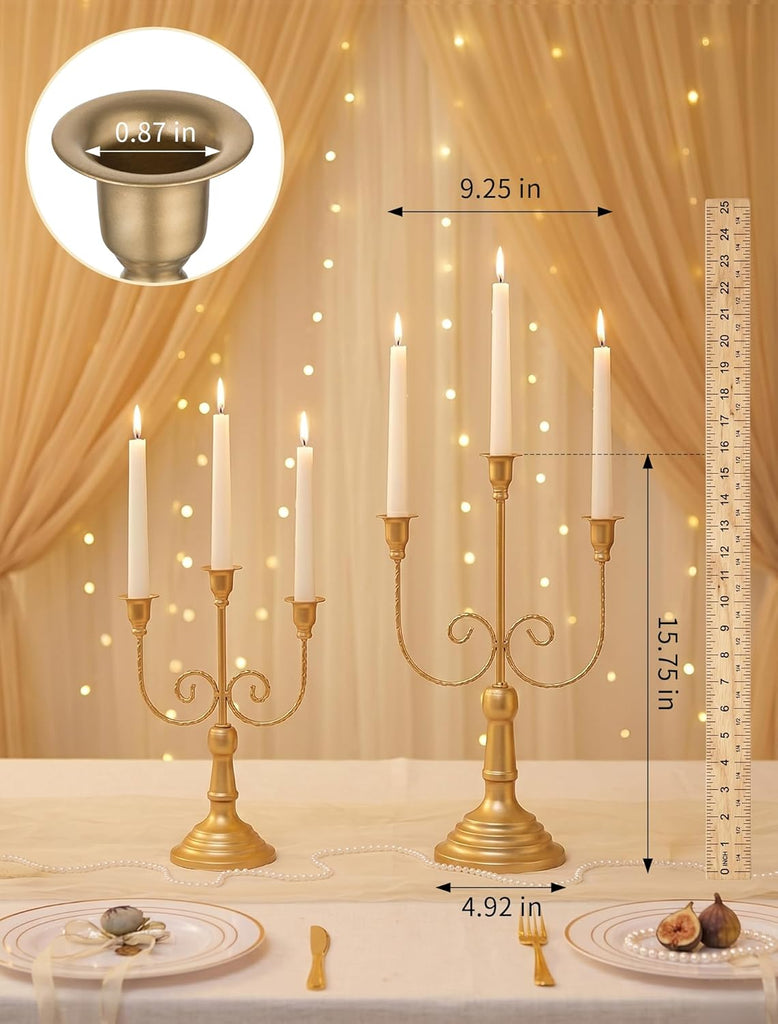 Candelabra Gold Candlestick Holders - 15.7" Tall 3 Arm Metal Taper Candle Holdereplace Mantel Christmas Decor, Set of 6