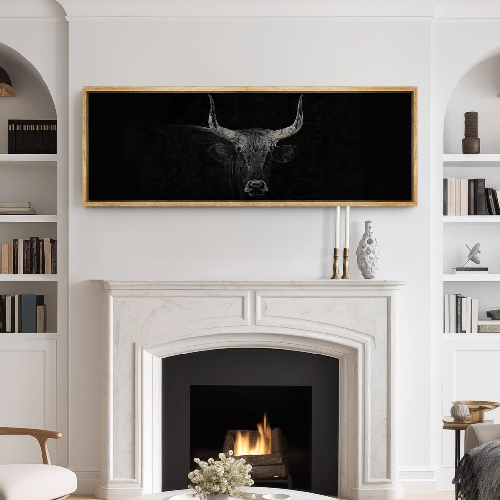 Large Framed Canvas Print Wall Art Monochrome Bull Illustrations Modern Art Relax/Calm Warm - 60"x20"