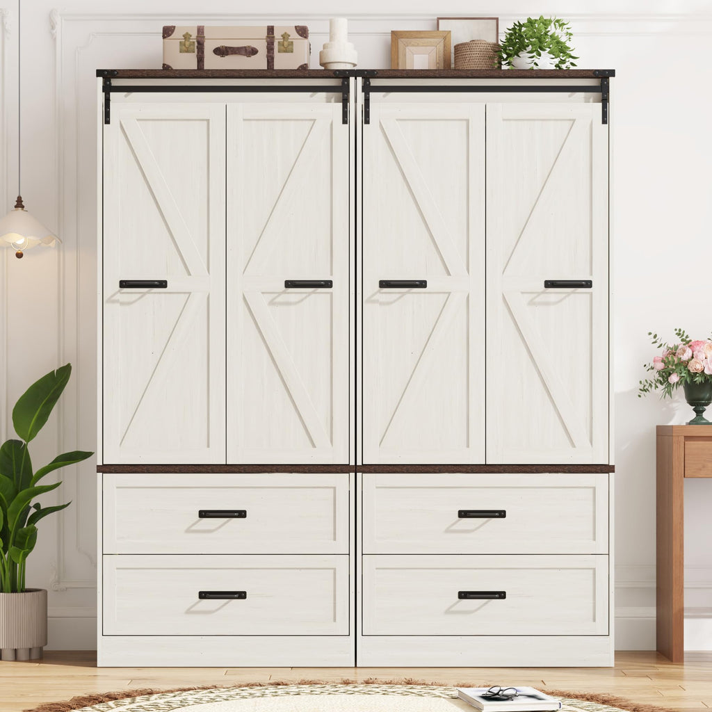 Farmhouse Wardrobe Armoire Closet with 4 Doors and 4 Drawers, Antique White