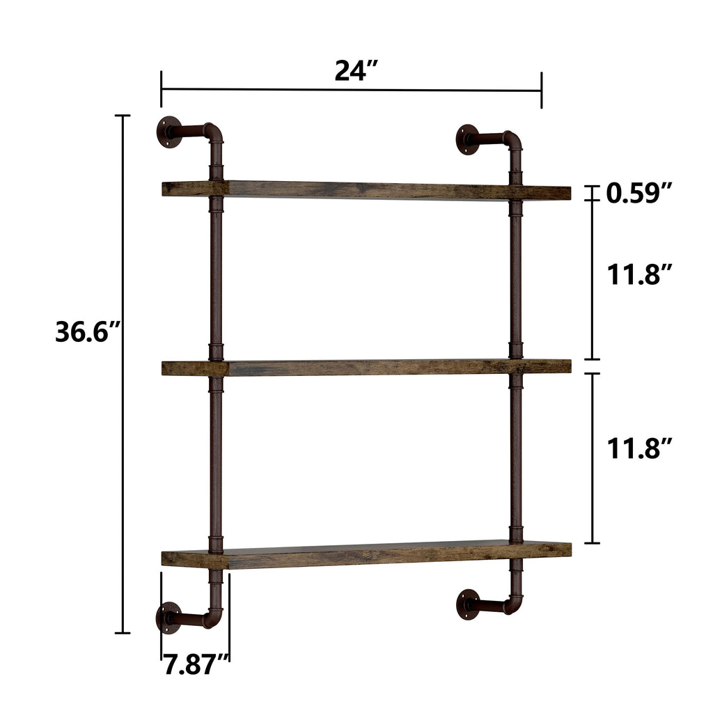 3 Tier Industrial Pipe Shelf Rustic Wood Floating Shelves, Wall Display Bookshelf, Storage Rack Sundries Holder Office