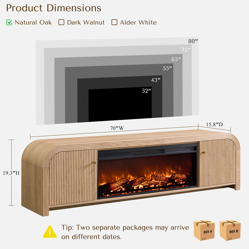 70" Fluted Fireplace TV Stand with Rounded Corner, Natural Oak