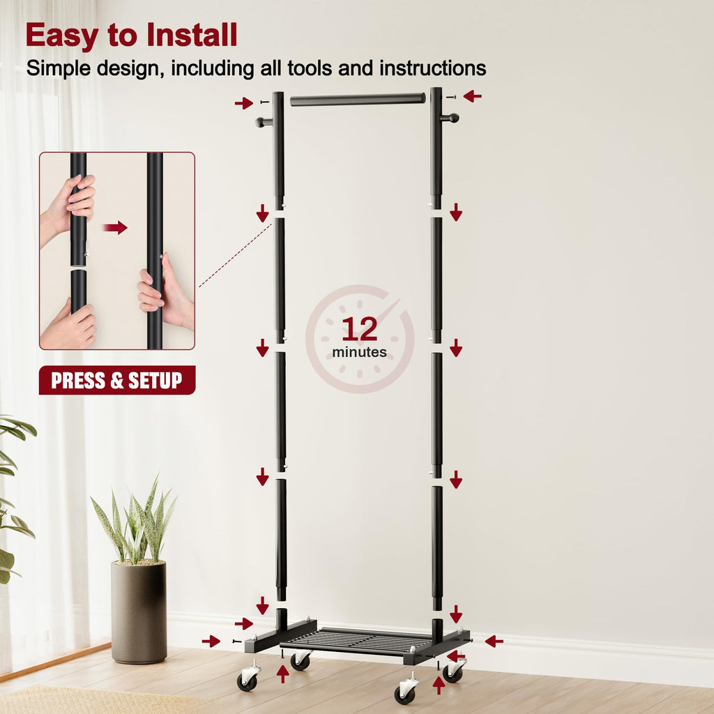 Small Clothes Racks for Hanging Clothes, Rolling Clothing Rack with Shelves, 60" Metal Garment Rack with Wheels