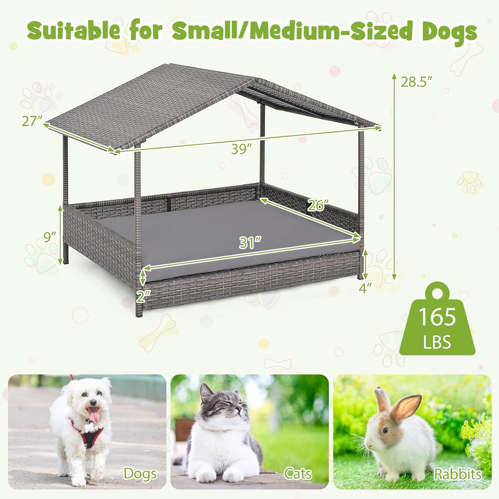 Outdoor Wicker Dog House with Roof Canopy, Elevated Rattan Dog Bed with Washable Cushion, Weatherproof Patio Pet Bed